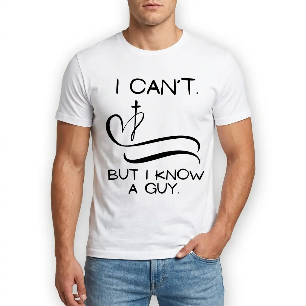Front view of a white T-shirt with Christian text design, 'I Can't But I Know A Guy'.