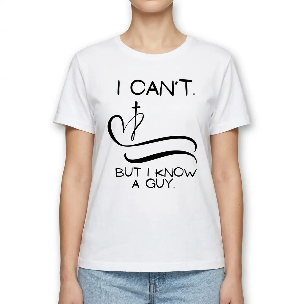 Christian-themed white T-shirt showing the text 'I Can't But I Know A Guy' in black.