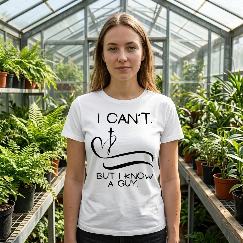 Person wearing a Christian graphic tee with 'I Can't But I Know A Guy' text.
