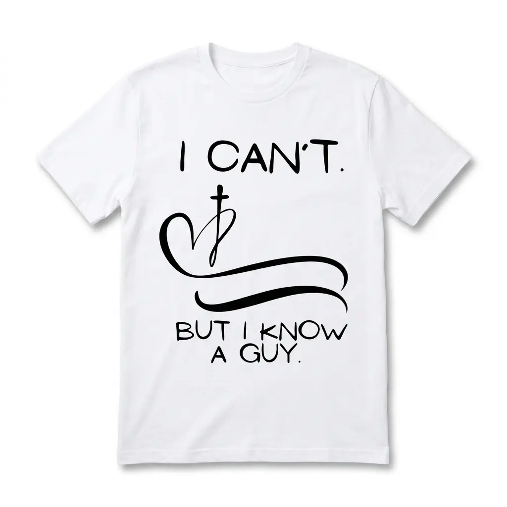 White Christian graphic tee with 'I Can't But I Know A Guy' text in black.