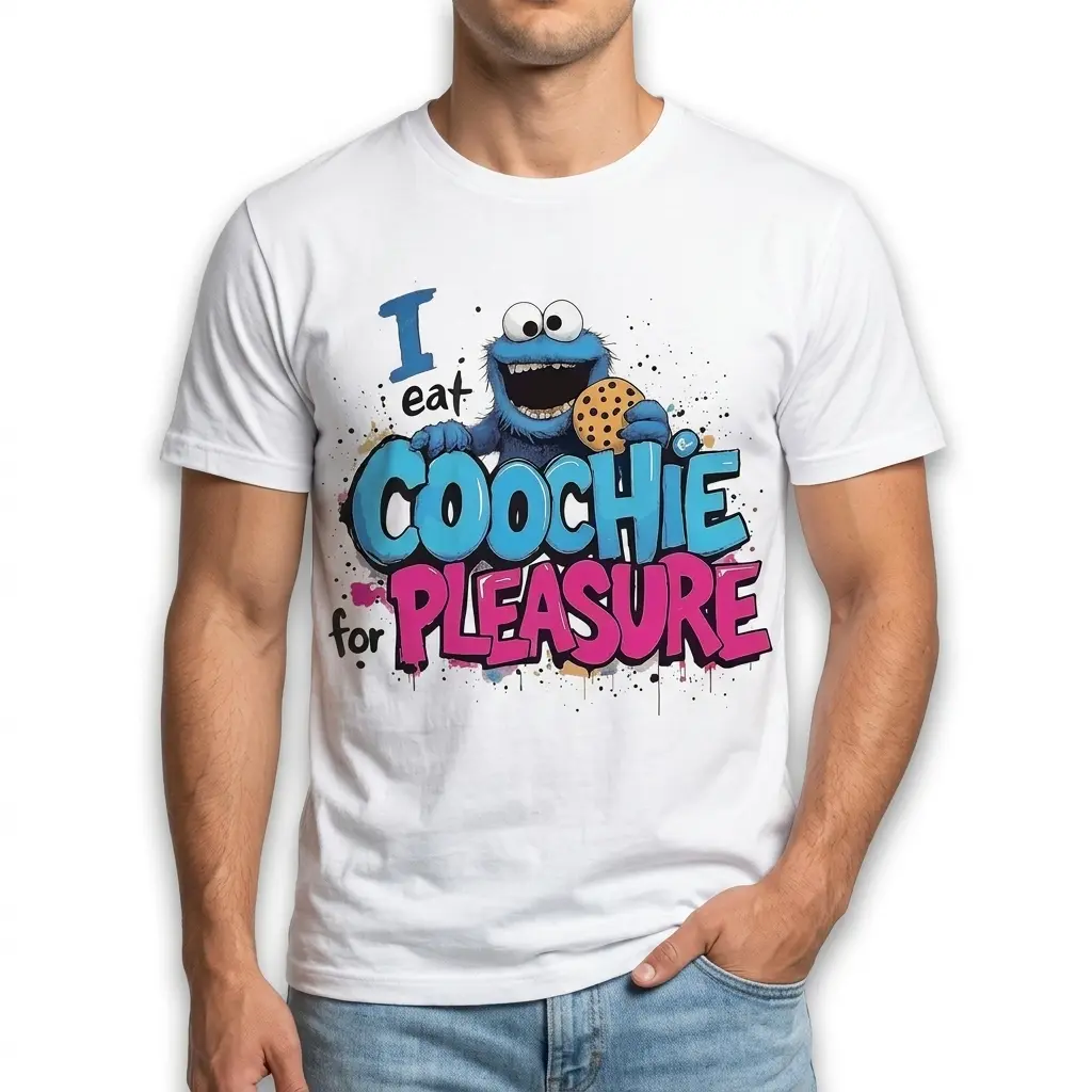 I Eat Coochie For Pleasure Parody T-Shirt 3 Close-up of design on Funny Coochie Parody Shirt.