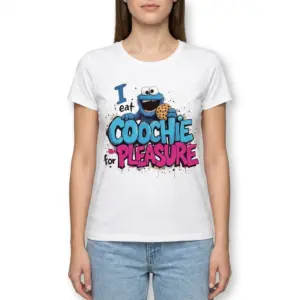 I Eat Coochie For Pleasure Parody T-Shirt 9 Zoomed-in view of text on Funny Coochie Parody Shirt.