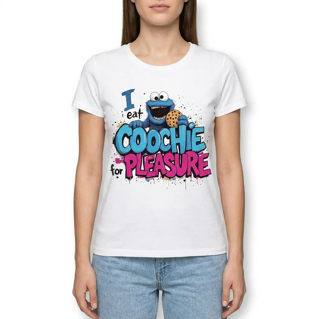 I Eat Coochie For Pleasure Parody T-Shirt 4 Zoomed-in view of text on Funny Coochie Parody Shirt.