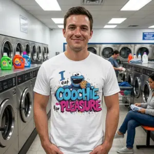 I Eat Coochie For Pleasure Parody T-Shirt 11 Person wearing Funny Coochie Parody Shirt in a casual setting.