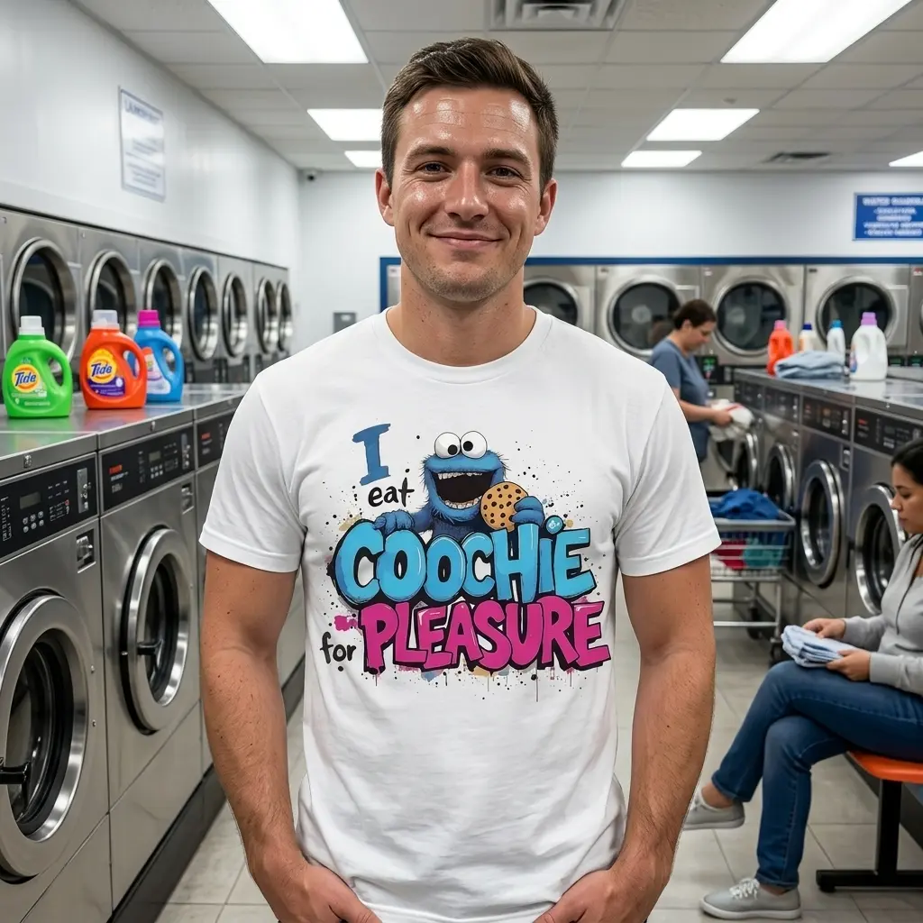 I Eat Coochie For Pleasure Parody T-Shirt 6 Person wearing Funny Coochie Parody Shirt in a casual setting.