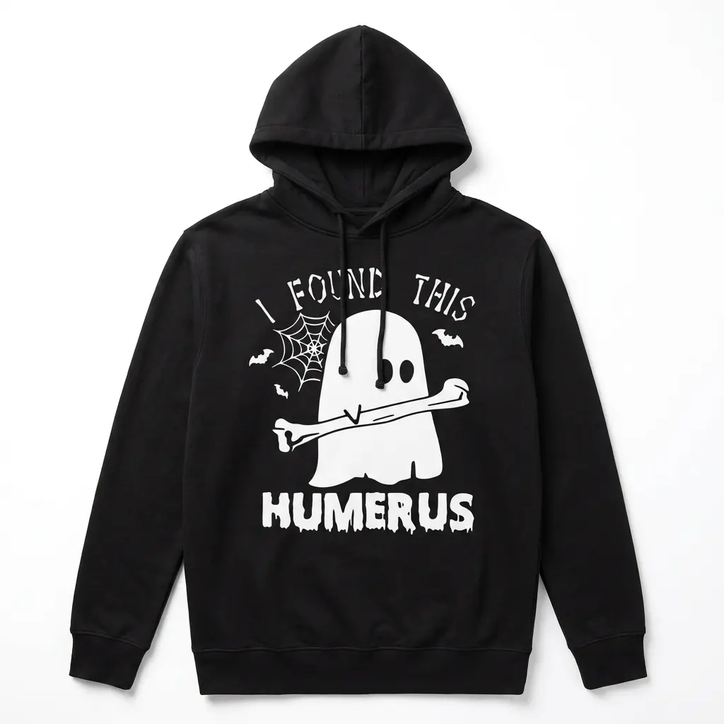 Humor shirt with ghost and bone pun design.
