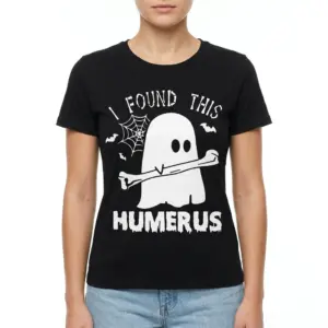I Found This Humerus Ghost Halloween T-Shirt 9 T-shirt showing a ghost holding a bone with text pun.