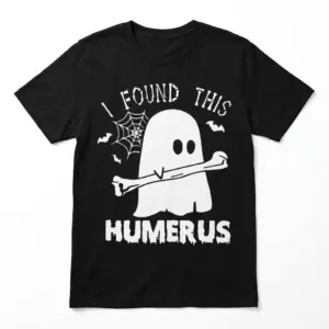 Black t-shirt featuring a pun with a ghost holding a bone.