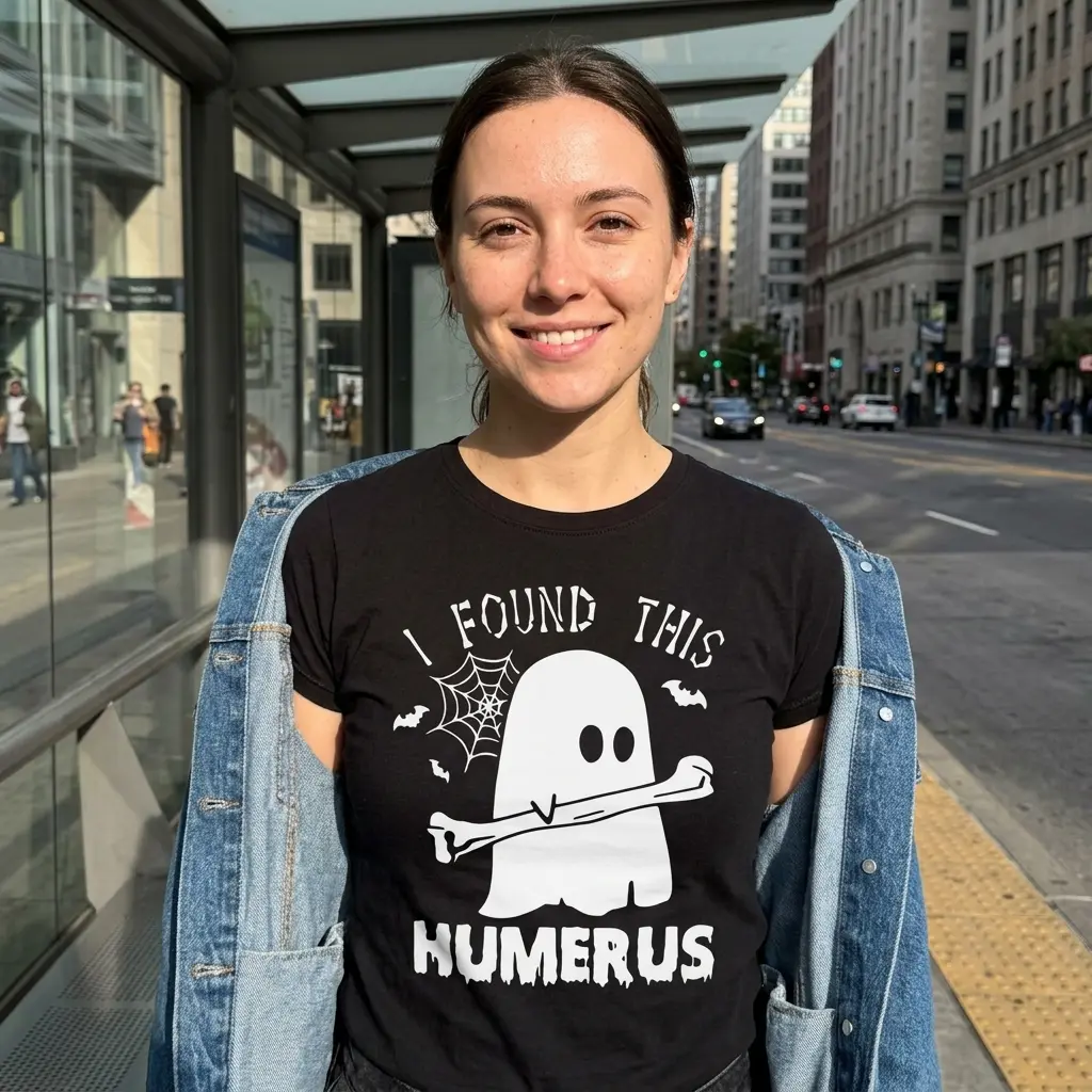 Person wearing ghost pun t-shirt in a casual setting.