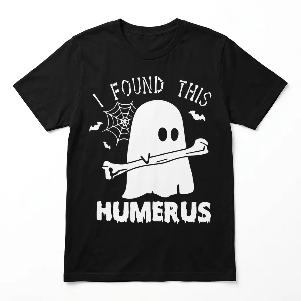Black t-shirt featuring a pun with a ghost holding a bone.