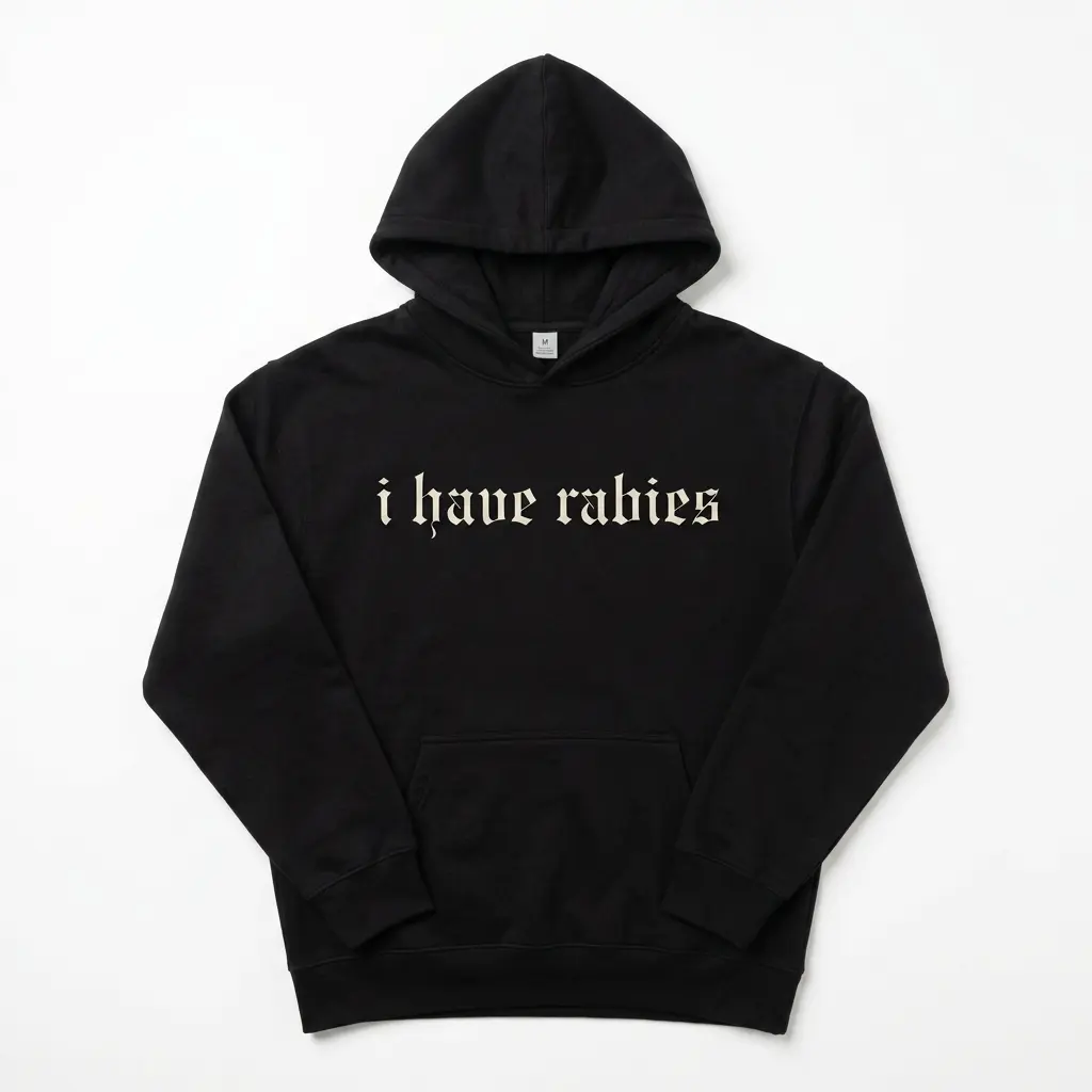 I Have Rabies Gothic Text T-Shirt 2 Front view of a gothic text T-shirt reading 'I Have Rabies'.