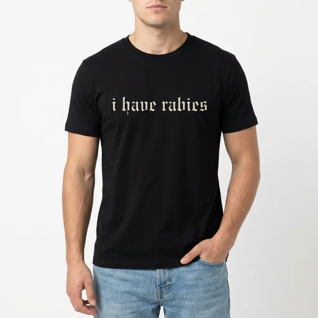 I Have Rabies Gothic Text T-Shirt 3 Close-up of gothic text 'I Have Rabies' on black shirt.