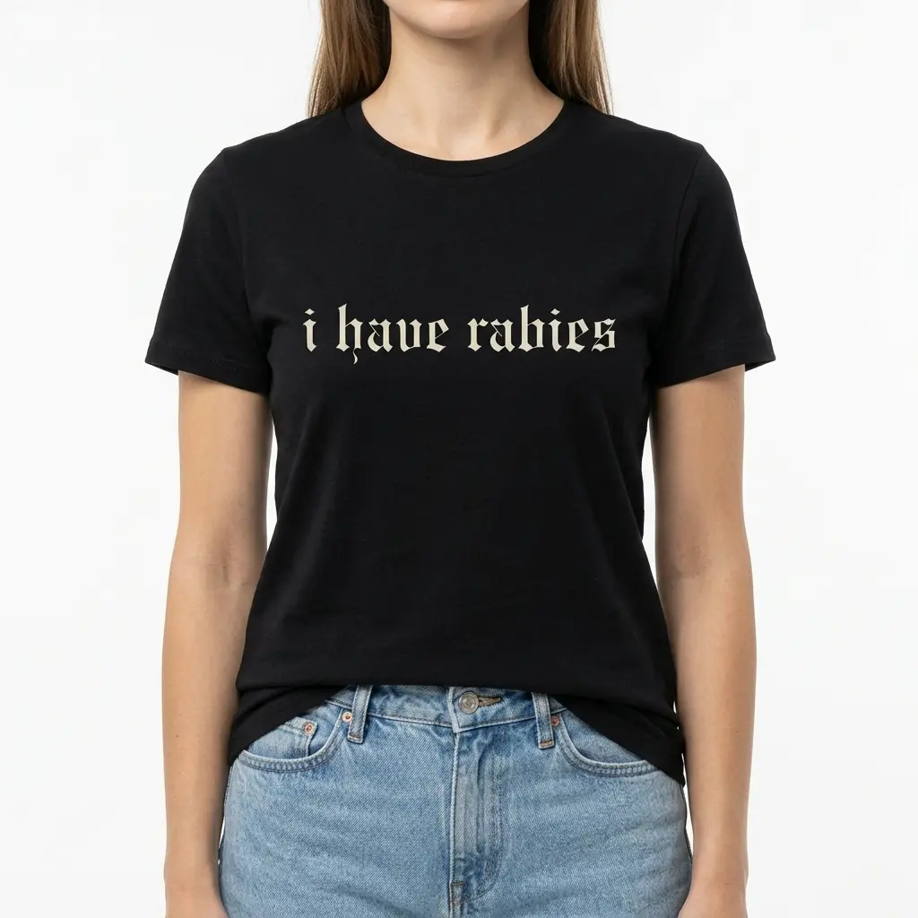I Have Rabies Gothic Text T-Shirt 4 Gothic text shirt featuring 'I Have Rabies' in white lettering.