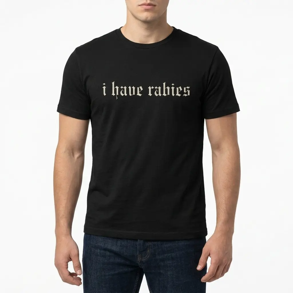 I Have Rabies Gothic Text T-Shirt 5 Black humor T-shirt with gothic text 'I Have Rabies'.