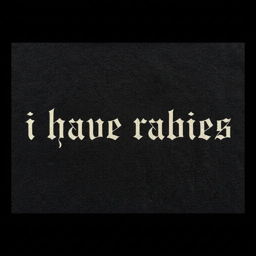 I Have Rabies Gothic Text T-Shirt 6 Person wearing a T-shirt with 'I Have Rabies' in gothic font.