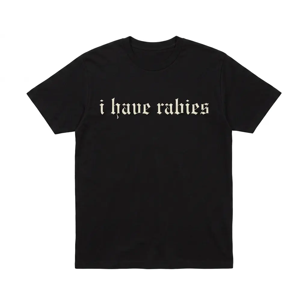 I Have Rabies Gothic Text T-Shirt 1 Black T-shirt with 'I Have Rabies' in gothic text.