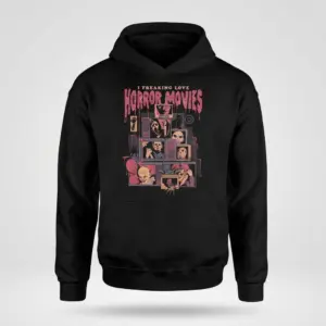 I Love Horror Movies T-Shirt 7 Front flatlay of a hoodie featuring retro horror movie graphics.