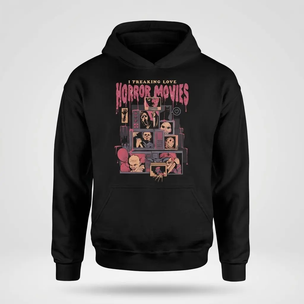 I Love Horror Movies T-Shirt 2 Front flatlay of a hoodie featuring retro horror movie graphics.