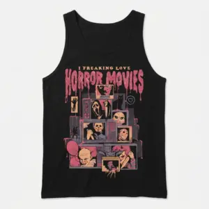I Love Horror Movies T-Shirt 8 Front flatlay of a tank top with a bold horror film-themed design.