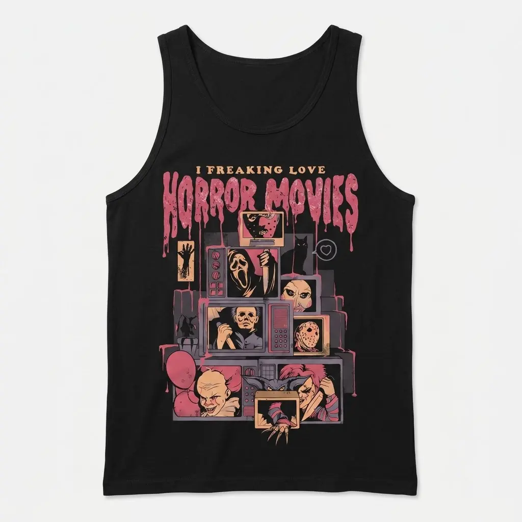 I Love Horror Movies T-Shirt 3 Front flatlay of a tank top with a bold horror film-themed design.