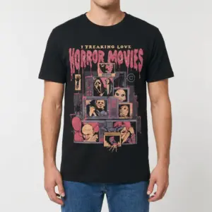 I Love Horror Movies T-Shirt 9 Model wearing a T-shirt with a distressed horror movie graphic.