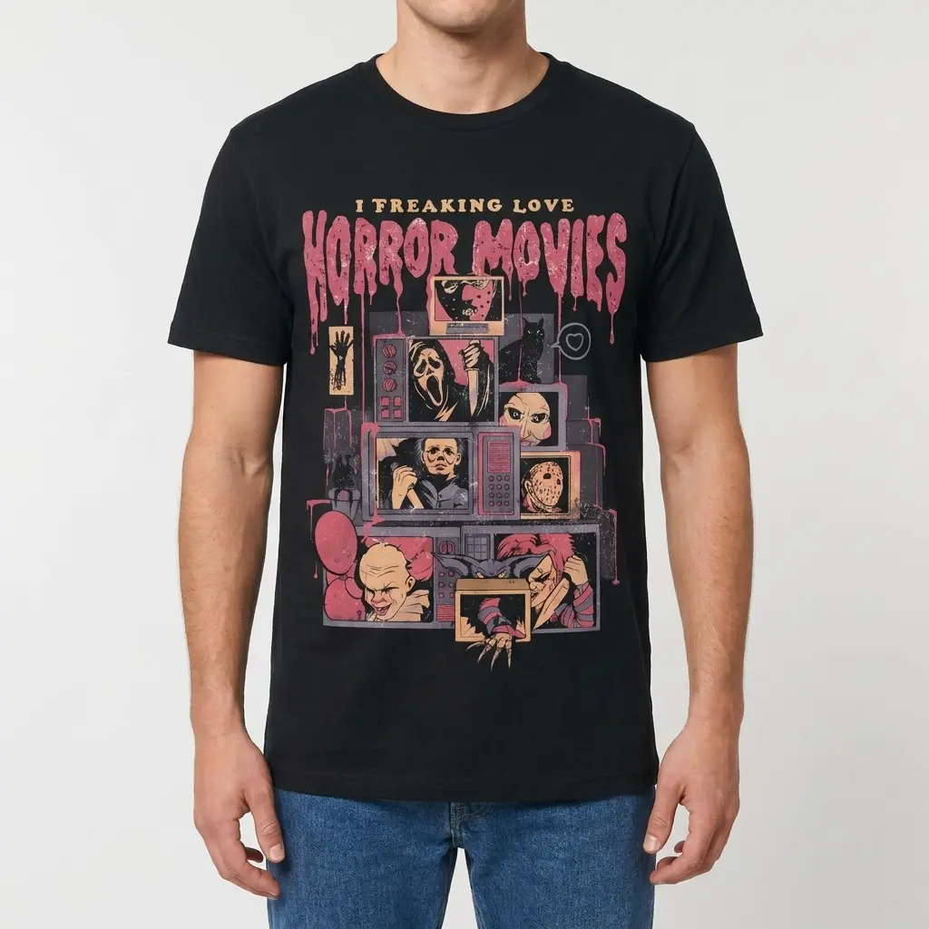 I Love Horror Movies T-Shirt 4 Model wearing a T-shirt with a distressed horror movie graphic.