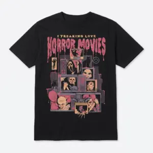 Front flatlay of a black T-shirt featuring a horror movie-inspired collage design.