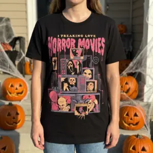I Love Horror Movies T-Shirt 10 Person styling a horror-themed T-shirt in a casual setting.