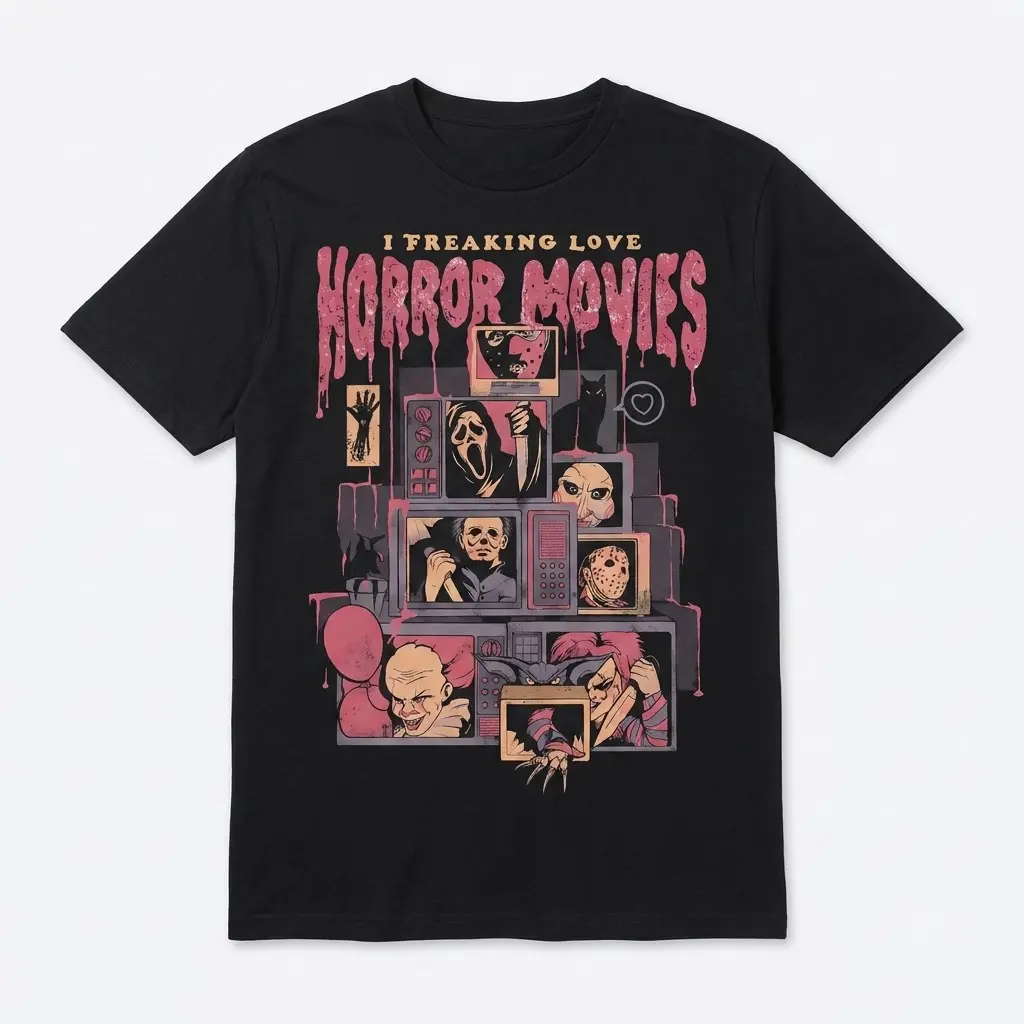 I Love Horror Movies T-Shirt 1 Front flatlay of a black T-shirt featuring a horror movie-inspired collage design.
