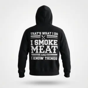 I Smoke Meat and I Know Things BBQ T-Shirt 7 Flat lay showing the back of a black hoodie printed with the funny BBQ quote "That's What I Do I Smoke Meat And I Know Things".