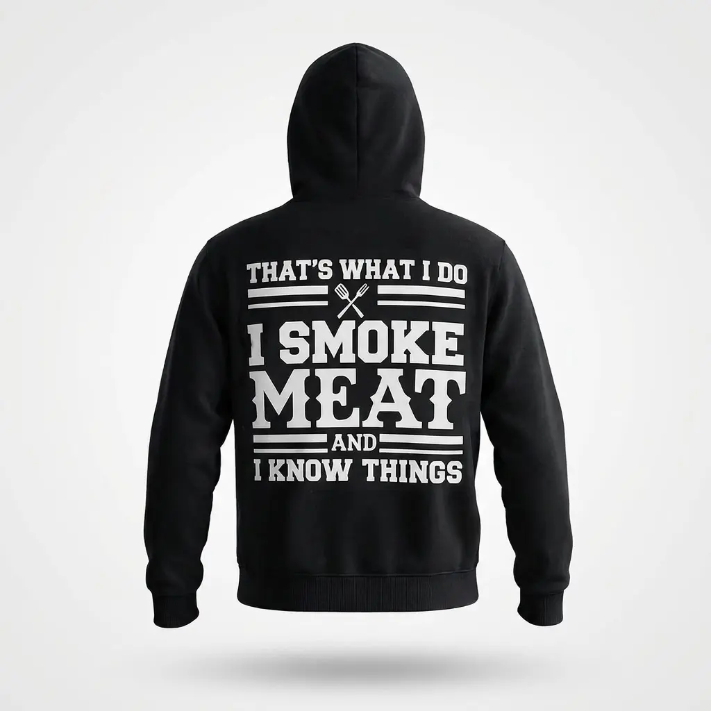 Flat lay showing the back of a black hoodie printed with the funny BBQ quote "That's What I Do I Smoke Meat And I Know Things".