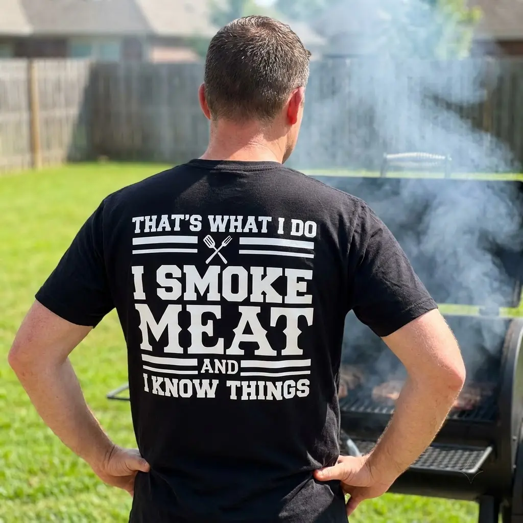 A man wearing the black t-shirt showing the white print text "That's What I Do I Smoke Meat And I Know Things" on the back in a lifestyle setting.