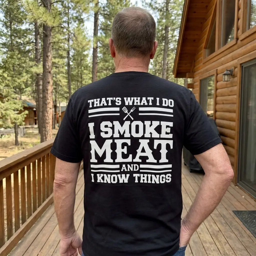 Close-up back view of a person wearing the funny BBQ shirt featuring the white text "That's What I Do I Smoke Meat And I Know Things".