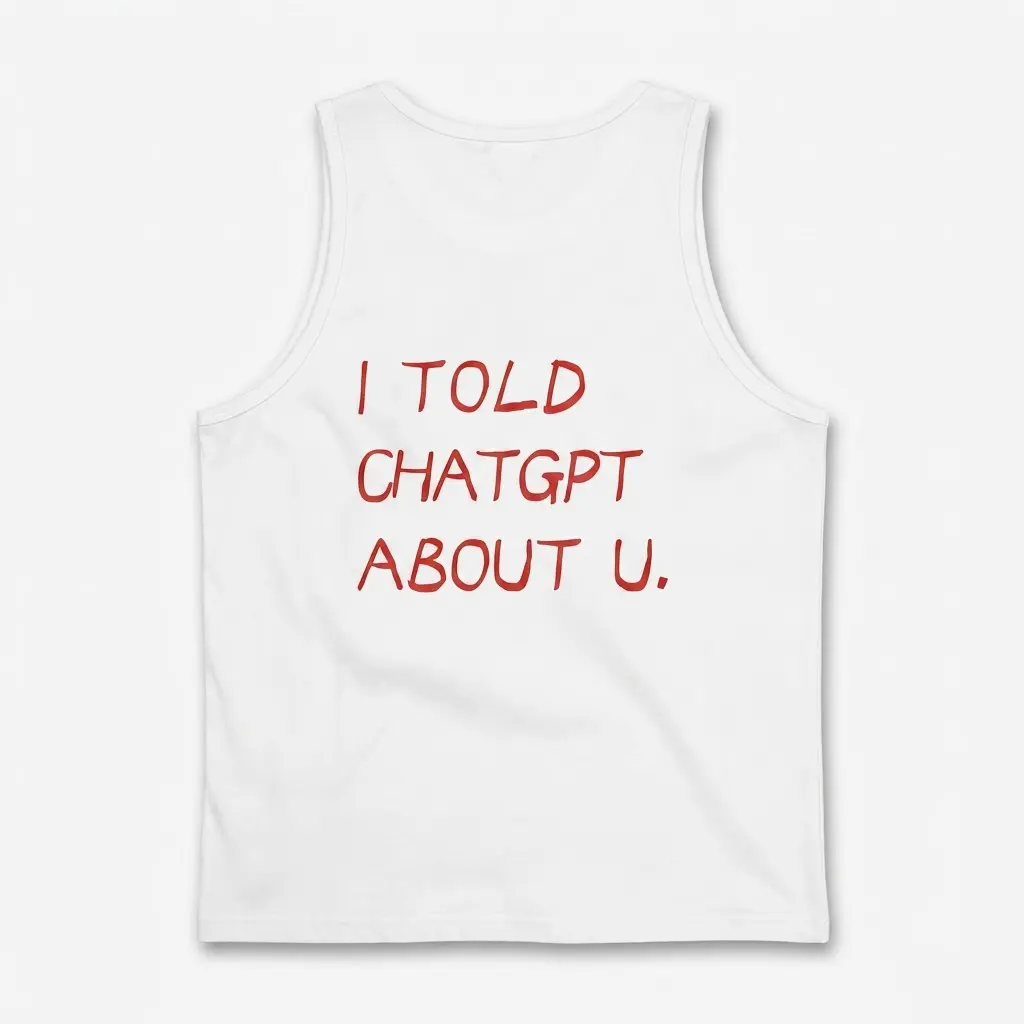 Back flat lay of a white tank top with red text reading I Told ChatGPT About U across the back.