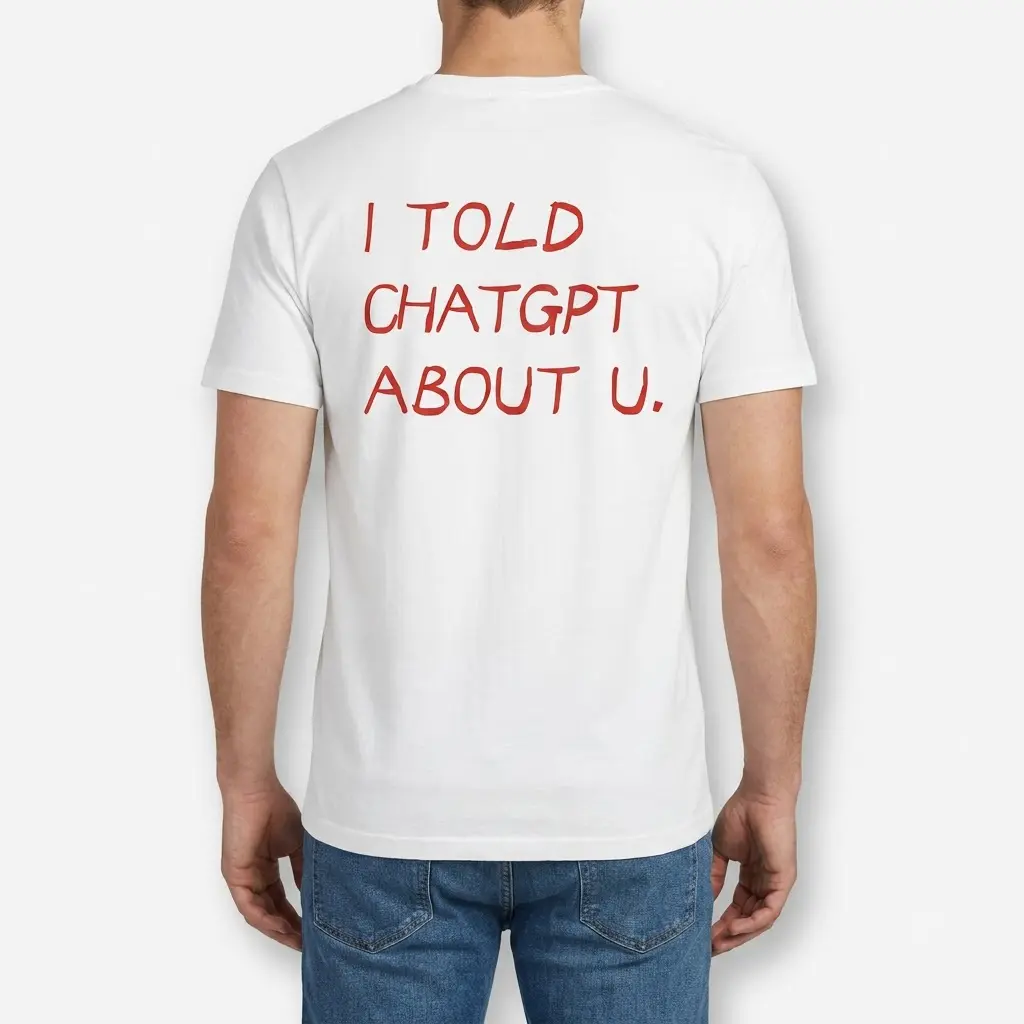 Back view of a man wearing the white t-shirt with red lettering that reads I Told ChatGPT About U.