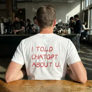 I Told ChatGPT About U Funny T-Shirt 10 Lifestyle view showcasing the back of the I Told ChatGPT About U shirt in a casual setting.