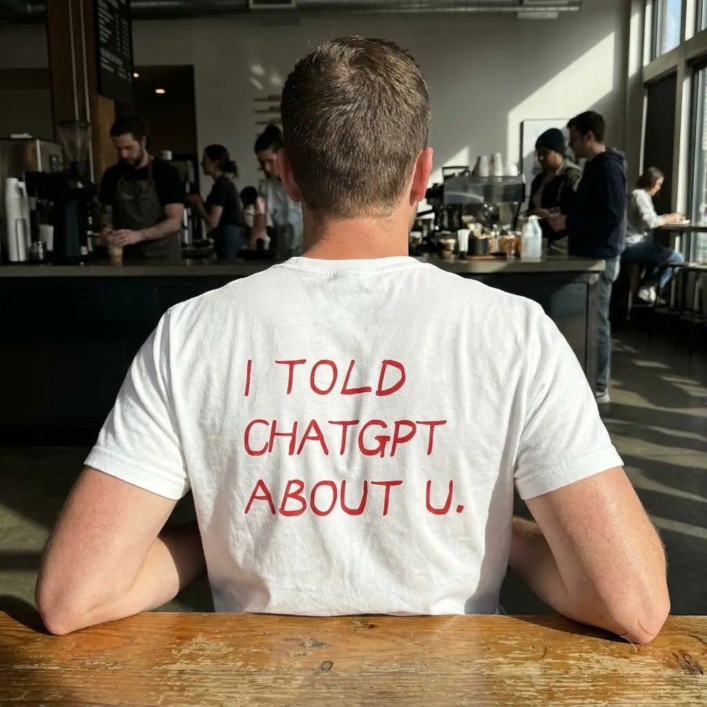 Lifestyle view showcasing the back of the I Told ChatGPT About U shirt in a casual setting.