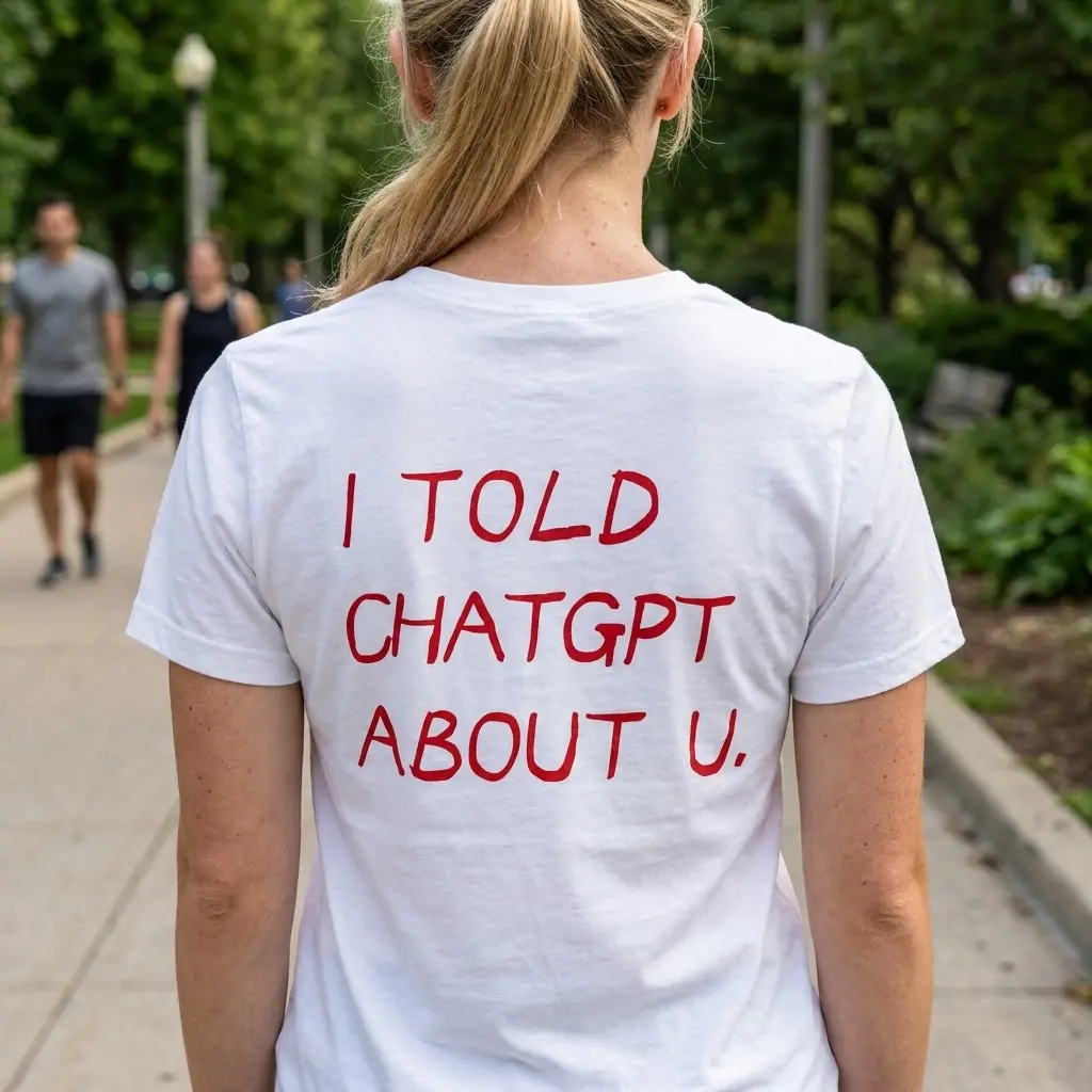 Casual lifestyle setting highlighting the back print of the red I Told ChatGPT About U graphic shirt.