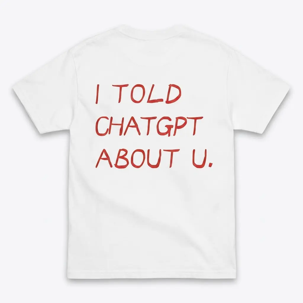 Back flat lay of a white t-shirt featuring the humorous text I Told ChatGPT About U in red handwritten lettering.