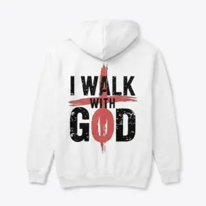 I Walk With God Christian Faith T-Shirt 7 Front view of white T-shirt featuring a small red cross on the chest.