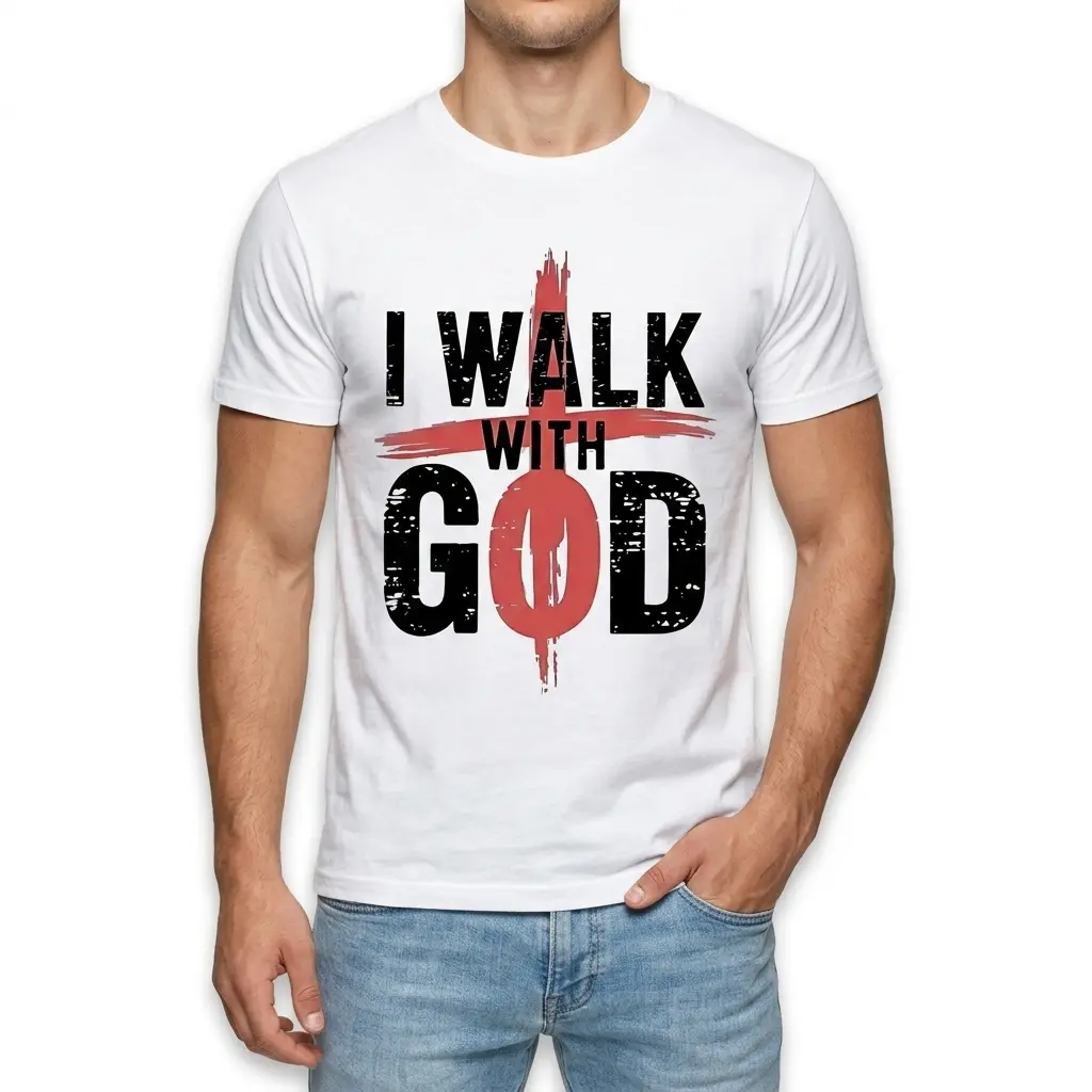 Side view of white T-shirt showing sleeve and partial red cross design.