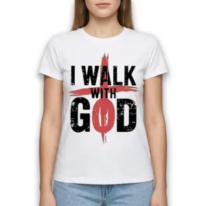 I Walk With God Christian Faith T-Shirt 9 Detail of red cross design on the back of white Christian shirt.