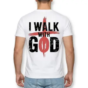 I Walk With God Christian Faith T-Shirt 10 Close-up of bold 'I Walk With God' text on the T-shirt back.