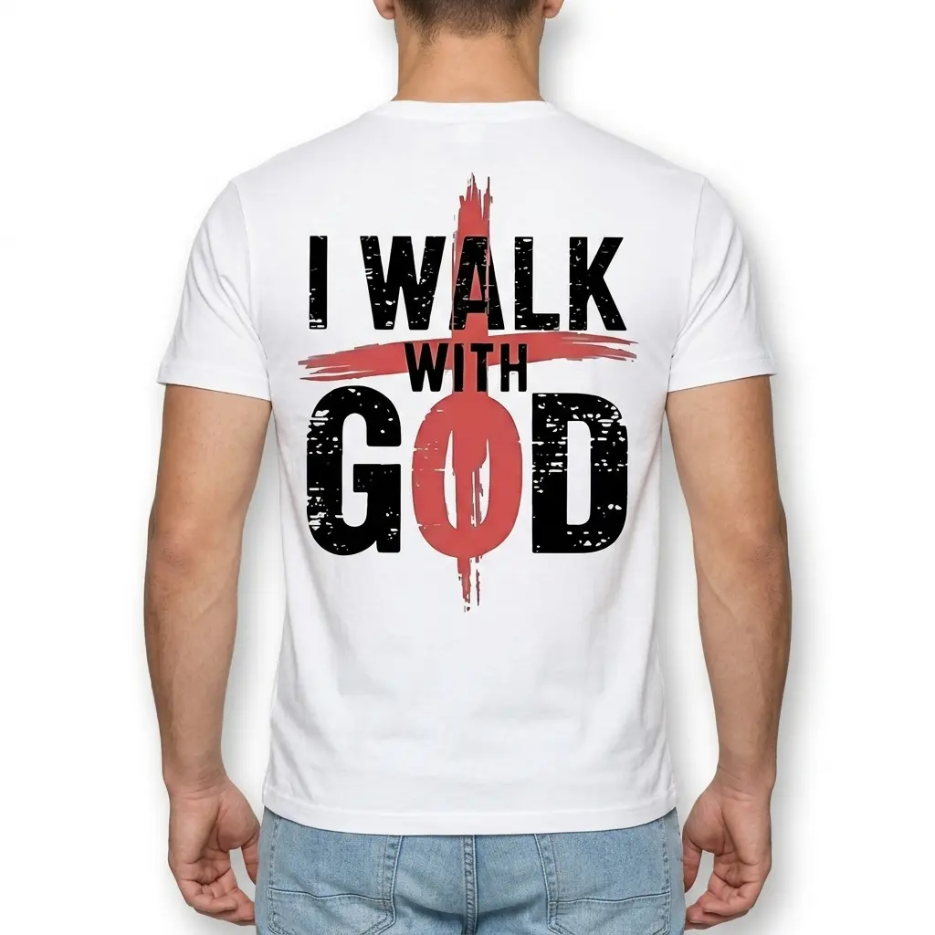Close-up of bold 'I Walk With God' text on the T-shirt back.