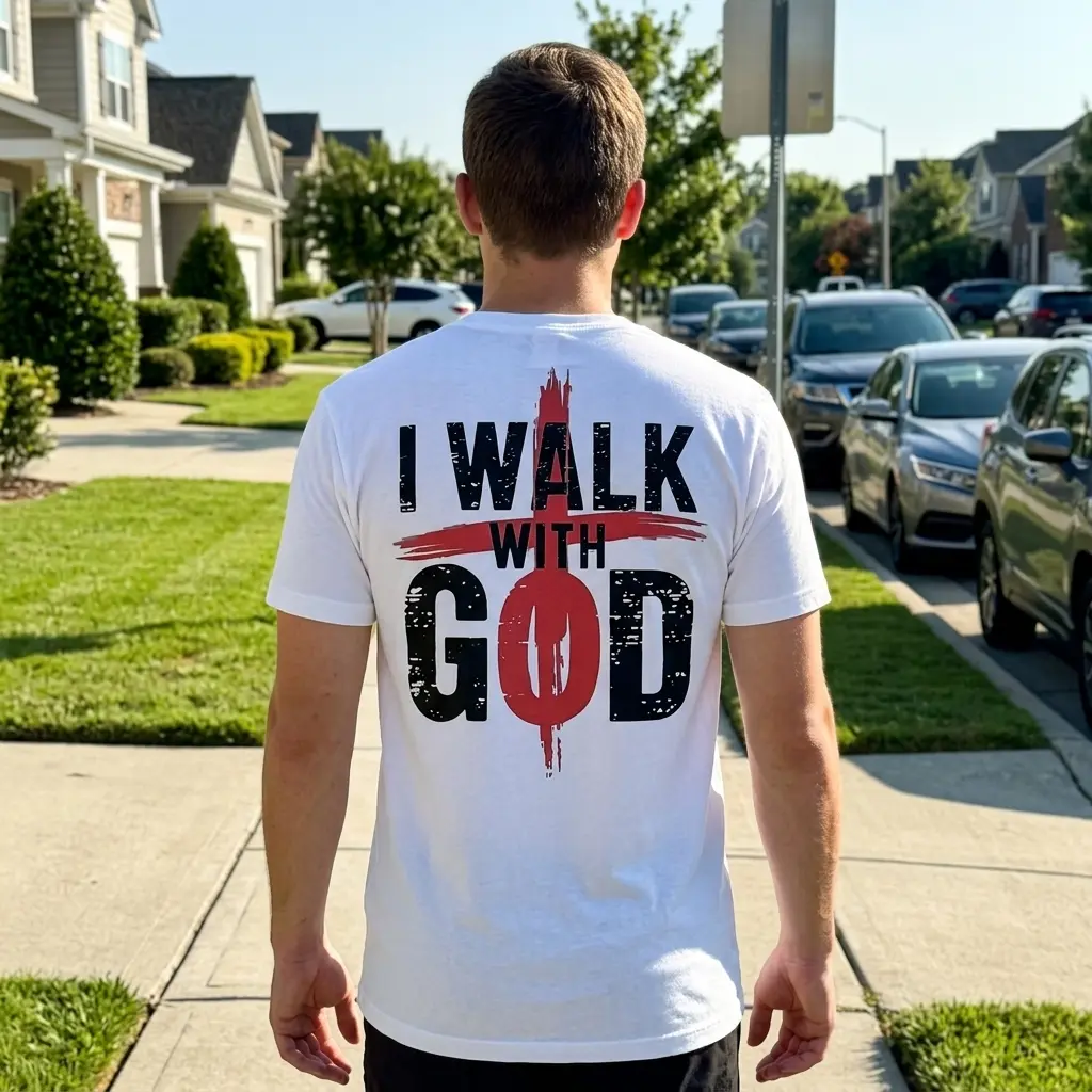 Person wearing the white 'I Walk With God' T-shirt in a casual setting.