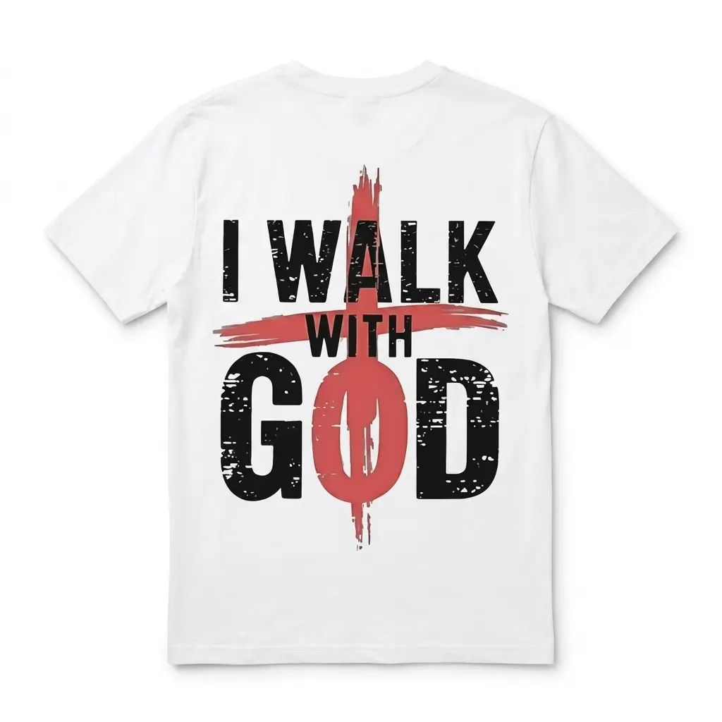White T-shirt with 'I Walk With God' and a red cross design on the back.