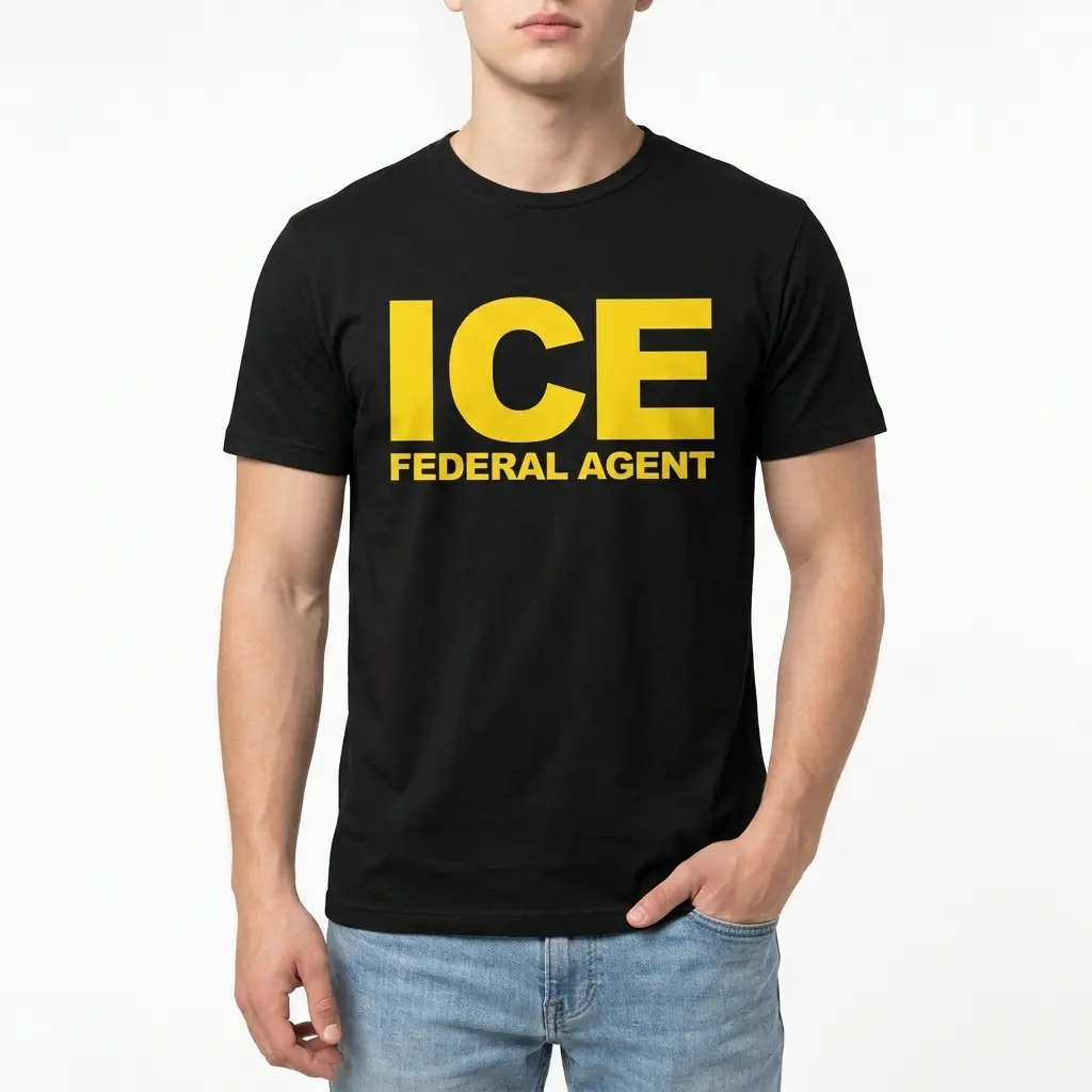 Close-up of 'ICE Federal Agent' text in yellow on black fabric.