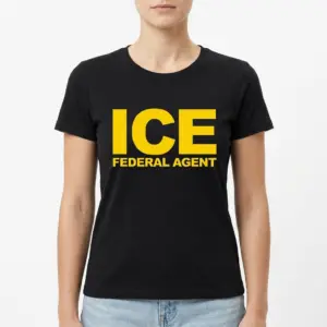 ICE Federal Agent Graphic T-Shirt 9 Side view of black T-shirt featuring bold lettering on the back.