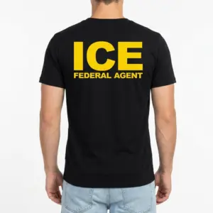 ICE Federal Agent Graphic T-Shirt 10 Black T-shirt highlighting graphic text detail in yellow.