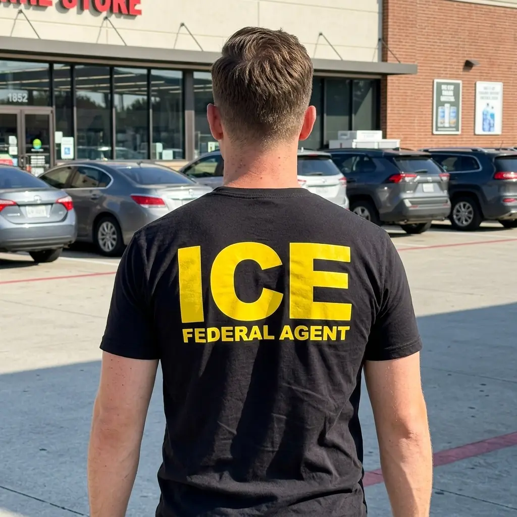 Person wearing 'ICE Federal Agent' T-shirt in a casual setting.